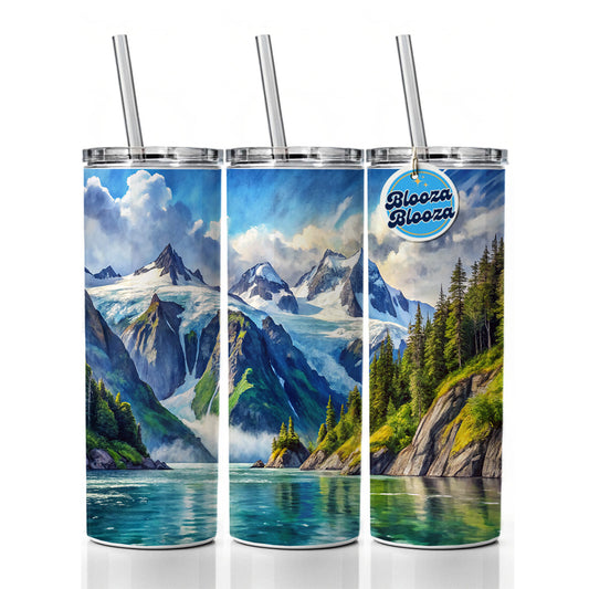 Kenai Fjords National Park Alaska Watercolor Style Skinny Tumbler 20oz with Straw Insulated Water Bottle Gift