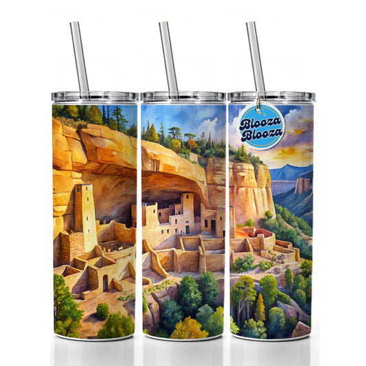 Mesa Verde National Park Colorado Watercolor Style Skinny Tumbler 20oz with Straw Insulated Water Bottle Gift