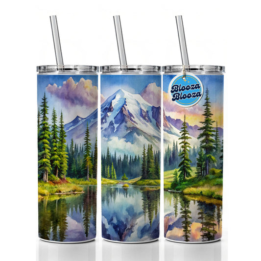 Mount Rainier National Park Washington Watercolor Style Skinny Tumbler 20oz with Straw Insulated Water Bottle Gift