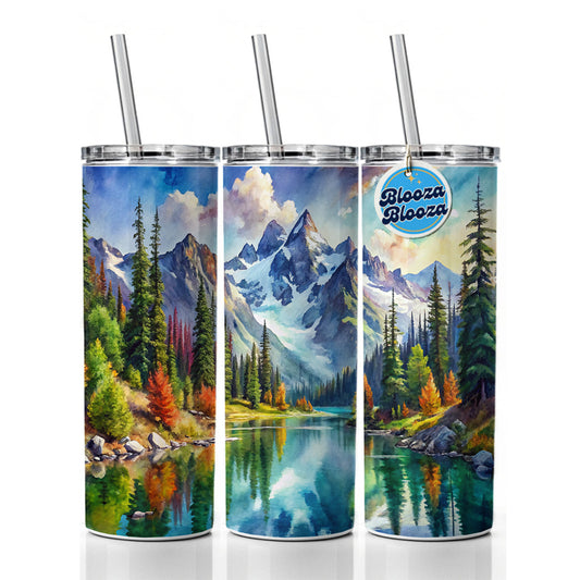 North Cascades National Park Washington Watercolor Style Skinny Tumbler 20oz with Straw Insulated Water Bottle Gift