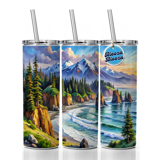 Olympic National Park Washington Watercolor Style Skinny Tumbler 20oz with Straw Insulated Water Bottle Gift