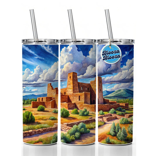 Salinas Pueblo Missions National Monument New Mexico Watercolor Style Skinny Tumbler 20oz with Straw Insulated Water Bottle Gift