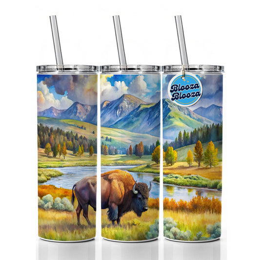 Yellowstone National Park Lamar Valley Watercolor Style Skinny Tumbler 20oz with Straw Insulated Water Bottle Gift