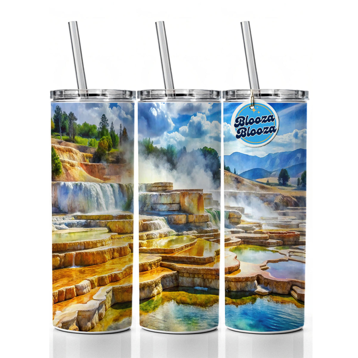 Yellowstone National Park Mammoth Hot Springs Watercolor Style Skinny Tumbler 20oz with Straw Insulated Water Bottle Gift
