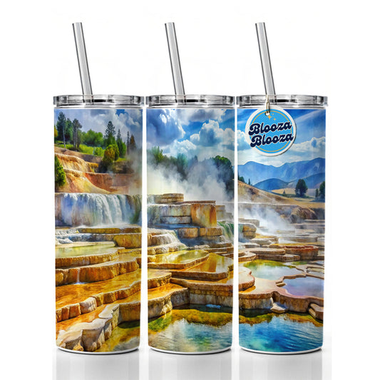 Yellowstone National Park Mammoth Hot Springs Watercolor Style Skinny Tumbler 20oz with Straw Insulated Water Bottle Gift