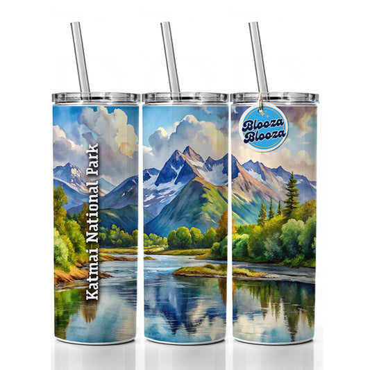 Katmai National Park Alaska Skinny Tumbler 20oz with Straw Insulated Water Bottle Gift