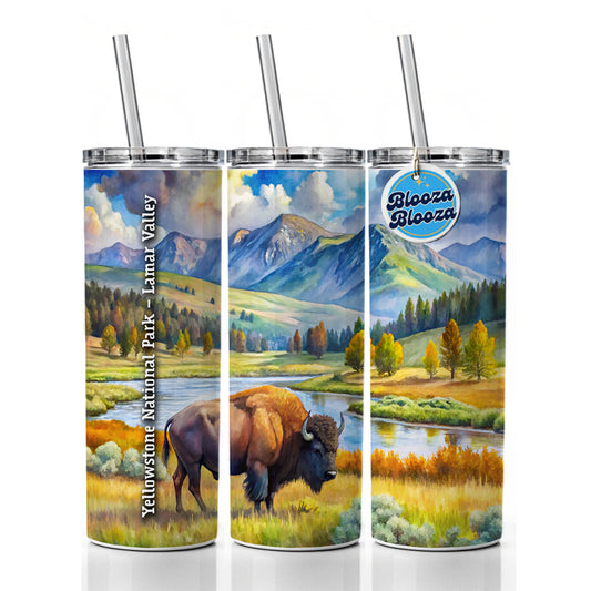 Yellowstone National Park Lamar Valley Skinny Tumbler 20oz with Straw Insulated Water Bottle Gift