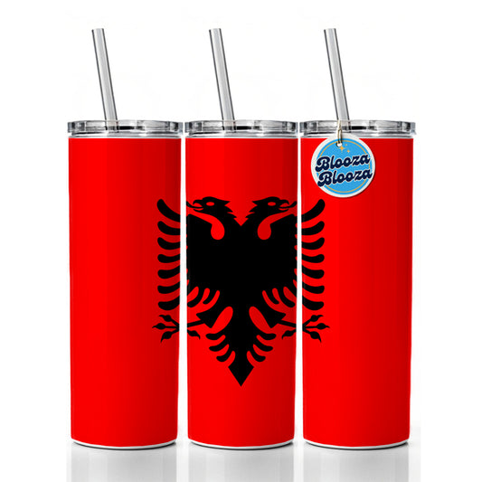 Albania Country Flag Skinny Tumbler 20oz with Straw Insulated Water Bottle Gift