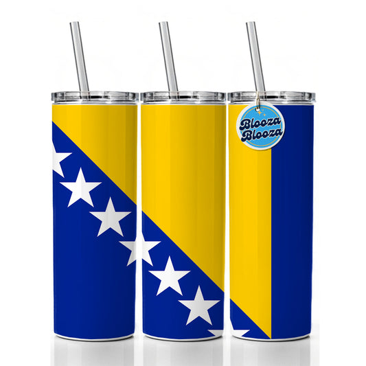 Bosnia and Herzegovina Country Flag Skinny Tumbler 20oz with Straw Insulated Water Bottle Gift