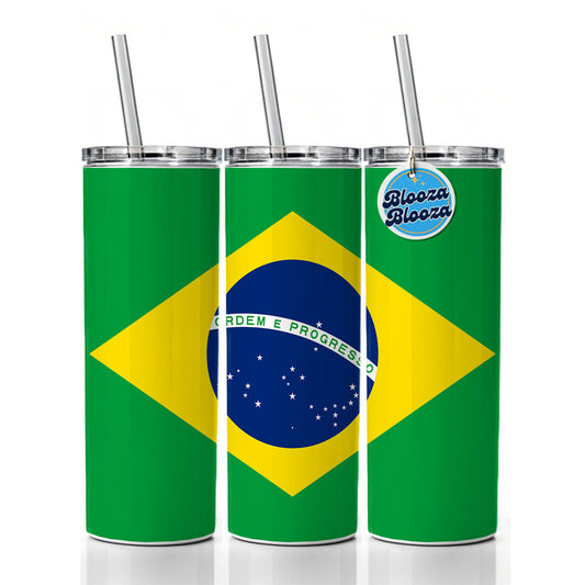 Brazil Country Flag Skinny Tumbler 20oz with Straw Insulated Water Bottle Gift