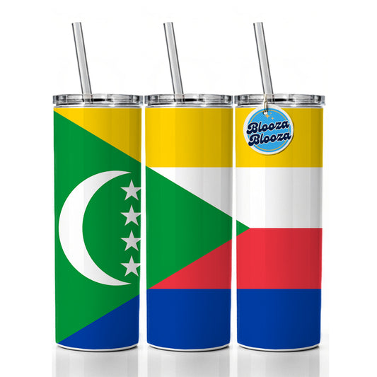 Comoros Country Flag Skinny Tumbler 20oz with Straw Insulated Water Bottle Gift