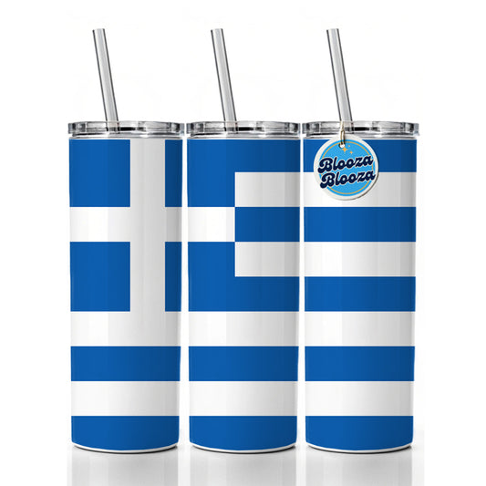 Greece Country Flag Skinny Tumbler 20oz with Straw Insulated Water Bottle Gift