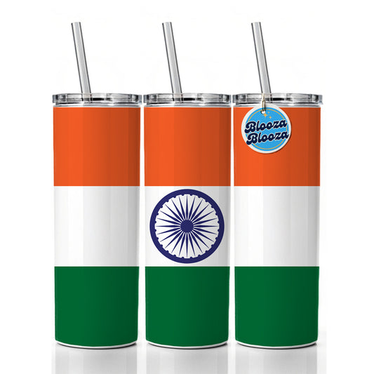India Country Flag Skinny Tumbler 20oz with Straw Insulated Water Bottle Gift