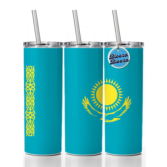 Kazakhstan Country Flag Skinny Tumbler 20oz with Straw Insulated Water Bottle Gift