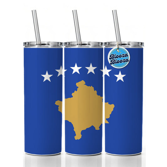 Kosovo Country Flag Skinny Tumbler 20oz with Straw Insulated Water Bottle Gift