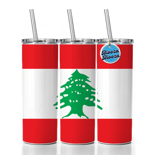 Lebanon Country Flag Skinny Tumbler 20oz with Straw Insulated Water Bottle Gift