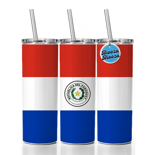 Paraguay Country Flag Skinny Tumbler 20oz with Straw Insulated Water Bottle Gift