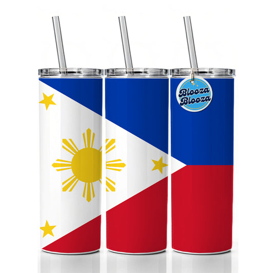 Philippines Country Flag Skinny Tumbler 20oz with Straw Insulated Water Bottle Gift