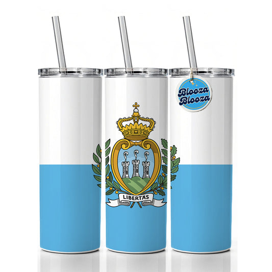 San Marino Country Flag Skinny Tumbler 20oz with Straw Insulated Water Bottle Gift