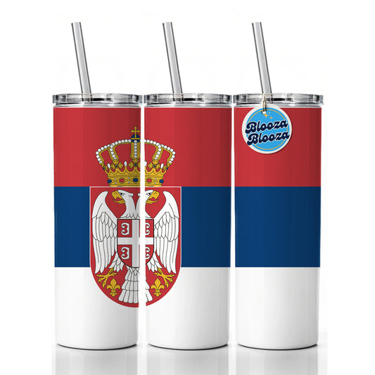 Serbia Country Flag Skinny Tumbler 20oz with Straw Insulated Water Bottle Gift