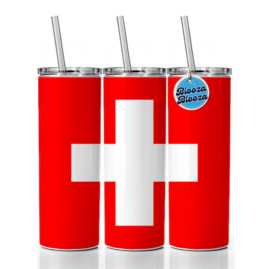Switzerland Country Flag Skinny Tumbler 20oz with Straw Insulated Water Bottle Gift