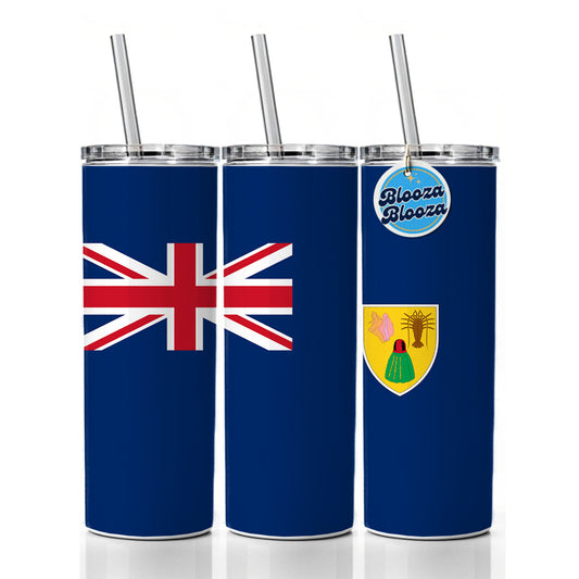 Turks and Caicos Islands Country Flag Skinny Tumbler 20oz with Straw Insulated Water Bottle Gift