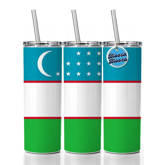 Uzbekistan Country Flag Skinny Tumbler 20oz with Straw Insulated Water Bottle Gift