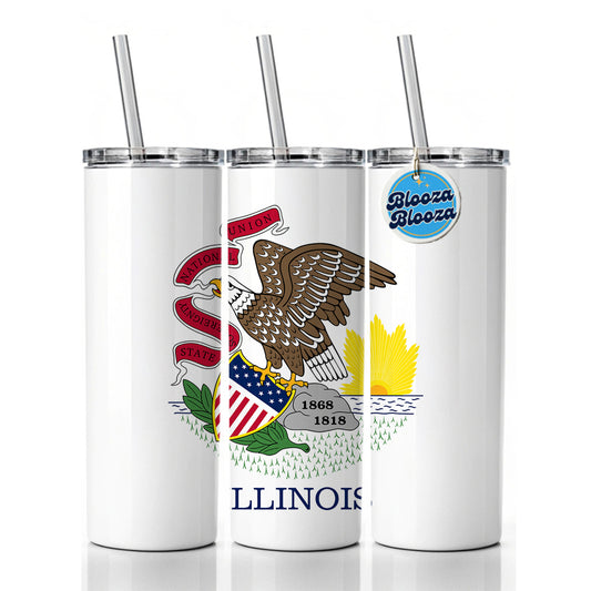 Illinois IL State Flag Skinny Tumbler 20oz with Straw Insulated Water Bottle Gift