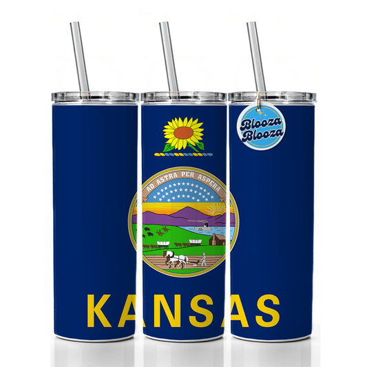 Kansas KS State Flag Skinny Tumbler 20oz with Straw Insulated Water Bottle Gift