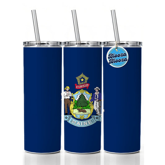 Maine ME State Flag Skinny Tumbler 20oz with Straw Insulated Water Bottle Gift