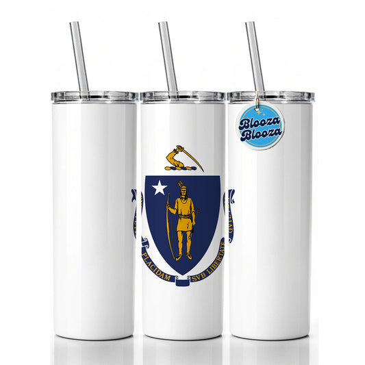 Massachusetts MA State Flag Skinny Tumbler 20oz with Straw Insulated Water Bottle Gift