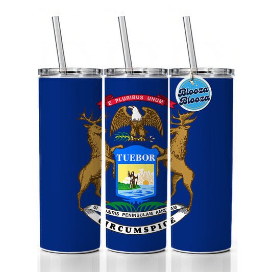 Michigan MI State Flag Skinny Tumbler 20oz with Straw Insulated Water Bottle Gift
