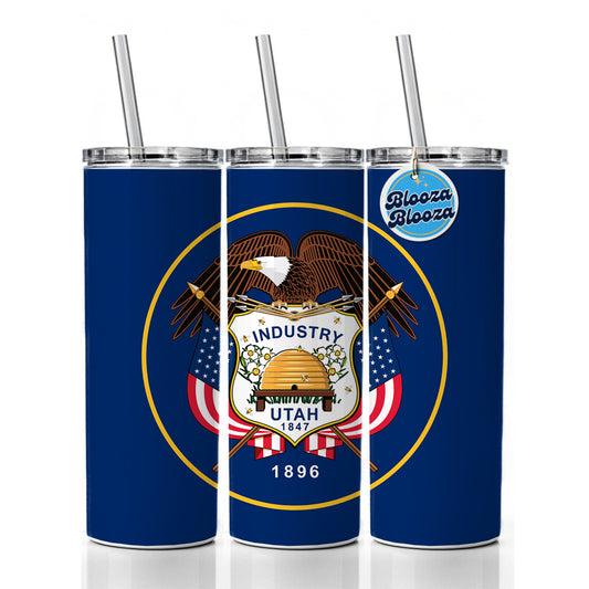 Utah UT State Flag Skinny Tumbler 20oz with Straw Insulated Water Bottle Gift