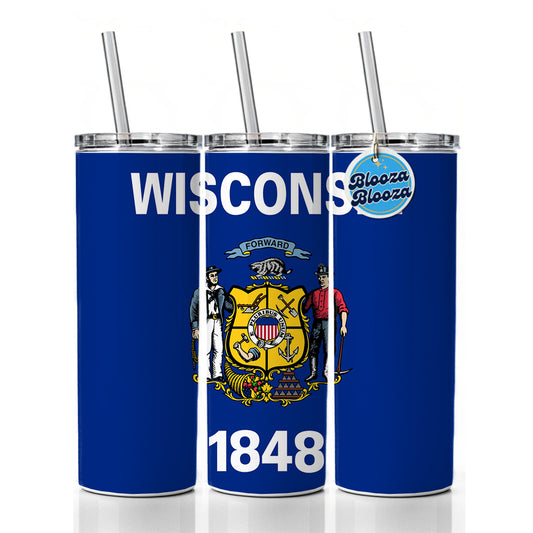 Wisconsin WI State Flag Skinny Tumbler 20oz with Straw Insulated Water Bottle Gift