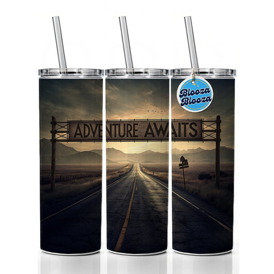 Adventure Awaits Highway Vanishing Point Skinny Tumbler 20oz with Straw Insulated Water Bottle Gift