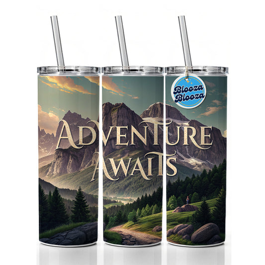 Adventure Awaits Mountains Hiking Camping Skinny Tumbler 20oz with Straw Insulated Water Bottle Gift