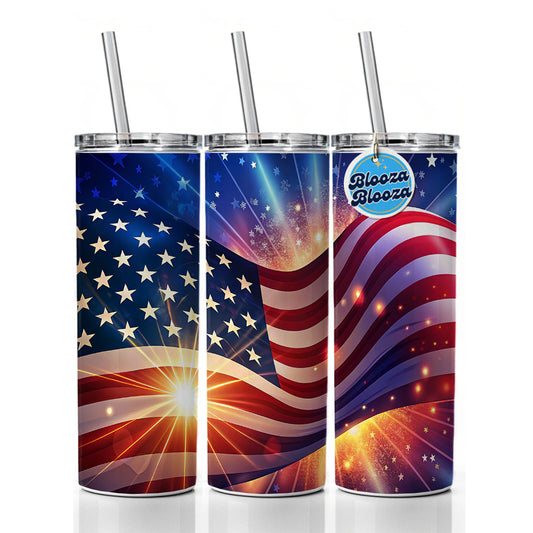 American Flag Sparkling Waving Patriotic Skinny Tumbler 20oz with Straw Insulated Water Bottle Gift