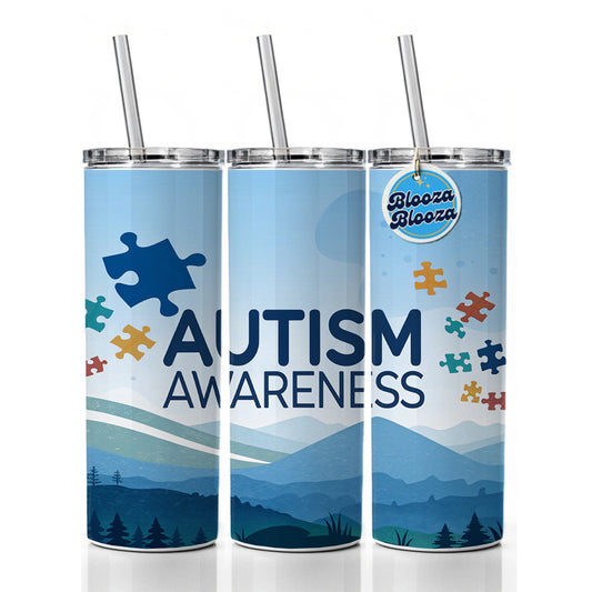 Autism Awareness Flying Puzzle Pieces Skinny Tumbler 20oz with Straw Insulated Water Bottle Gift