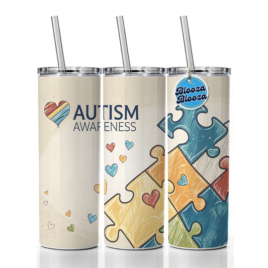 Autism Awareness Puzzle Pieces Heart Skinny Tumbler 20oz with Straw Insulated Water Bottle Gift