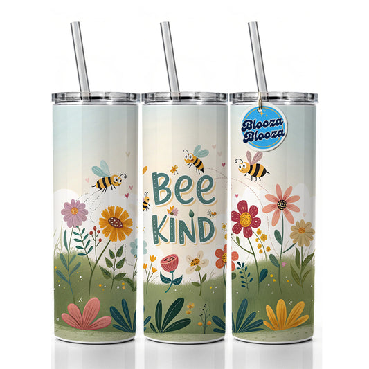 Be Bee Kind With Floral Bees Design Skinny Tumbler 20oz with Straw Insulated Water Bottle Gift