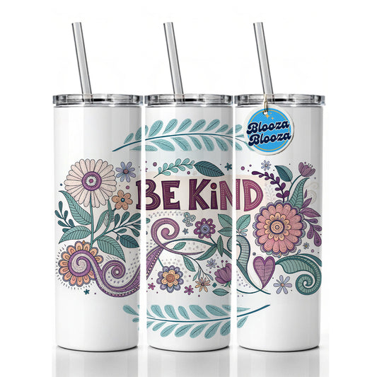 Be Kind Hippie Floral Pattern Skinny Tumbler 20oz with Straw Insulated Water Bottle Gift