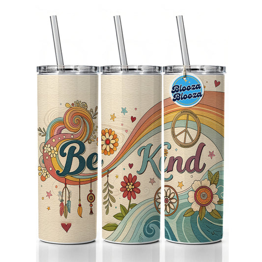 Be Kind Vintage Hippie Design Skinny Tumbler 20oz with Straw Insulated Water Bottle Gift