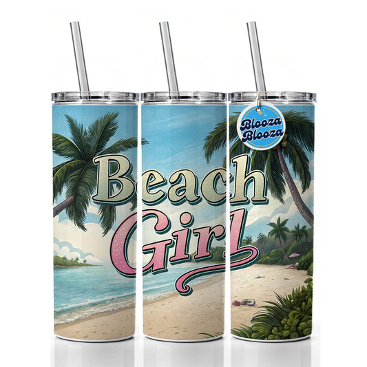 Beach Girl Tropical Beach Palm Trees Skinny Tumbler 20oz with Straw Insulated Water Bottle Gift