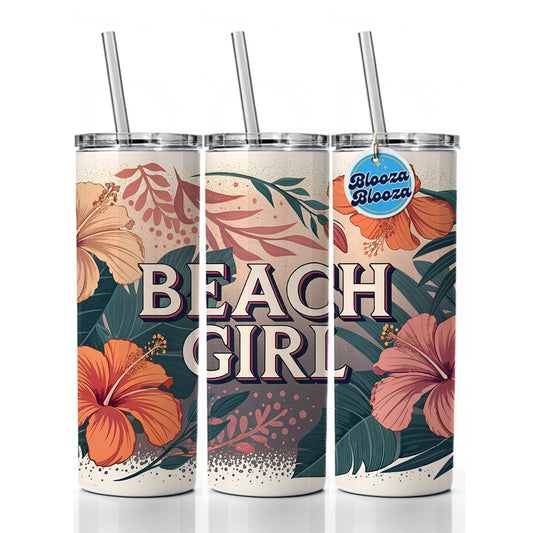 Beach Girl Tropical Hibiscus Flowers Skinny Tumbler 20oz with Straw Insulated Water Bottle Gift