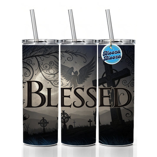 Blessed Angels Crosses Religious Skinny Tumbler 20oz with Straw Insulated Water Bottle Gift