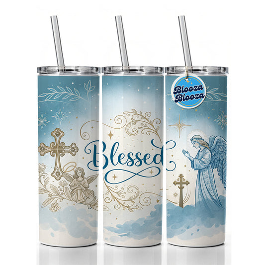 Blessed Religious Angel Blue White Skinny Tumbler 20oz with Straw Insulated Water Bottle Gift