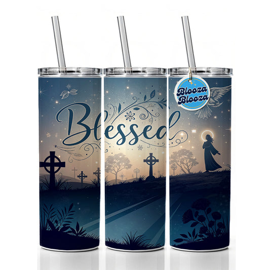 Blessed Religious Crosses Skinny Tumbler 20oz with Straw Insulated Water Bottle Gift