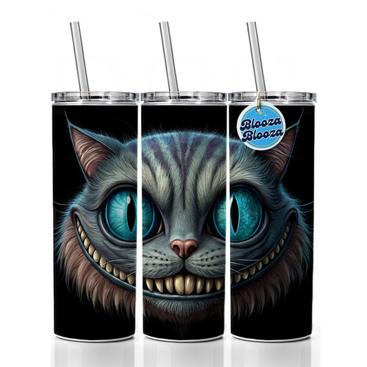 Creepy Cheshire Cat Grin on Black Skinny Tumbler 20oz with Straw Insulated Water Bottle Gift