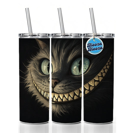 Funny Cheshire Cat Grin on Black Skinny Tumbler 20oz with Straw Insulated Water Bottle Gift