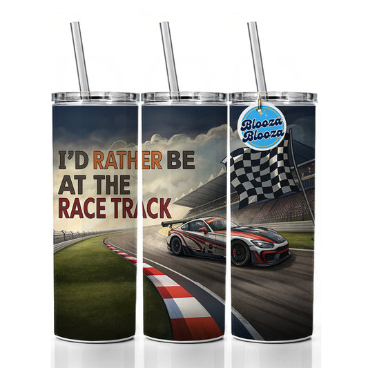 I'd Rather Be At The Race Track Checkered Flag Skinny Tumbler 20oz with Straw Insulated Water Bottle Gift